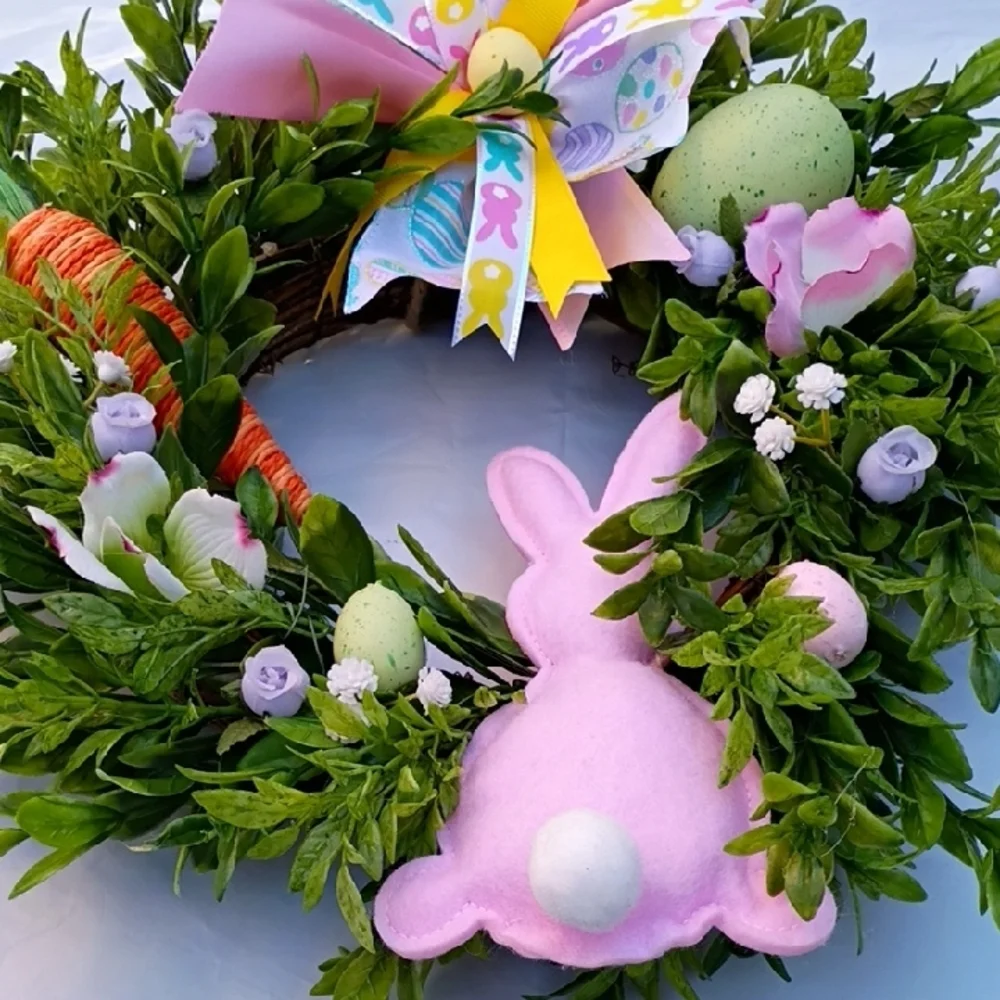 Easter Bunny Wreath with Pink and Carrot Eggs Green Accents Handcrafted